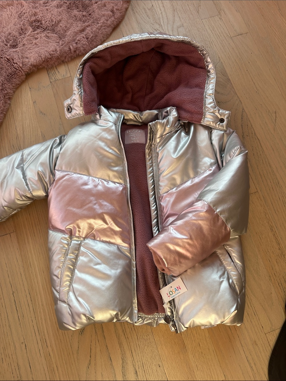 Girls' Metallic Pink & Silver Puffer Jacket with Hood Size 7 (122cm)